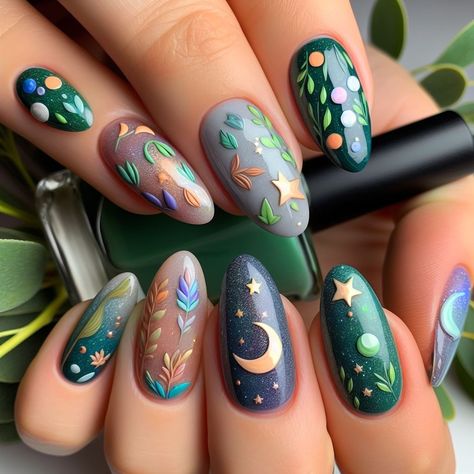 Ostara Nail Art, Luna Moth Nail Art, Cottagecore Nail Designs, Beltane Nails, Cottagecore Nail Art, Summer Solstice Nails, Ostara Nails, Moth Nails, Fairytale Nails