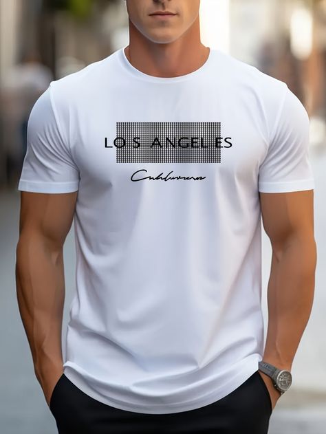 Los Angeles Graphic Men's Short Sleeve T-shirt, Comfy Stretchy Trendy Tees For Summer, Casual Daily Style Fashion Clothing, As Gifts https://share.temu.com/RxJpoCdUkqA via @shoptemu Los Angeles Graphic, Round Neck Tops, Casual Tee, Summer Cotton, Summer Tshirts, This Man, Mens Coats, Breathable Fabric, Round Neck