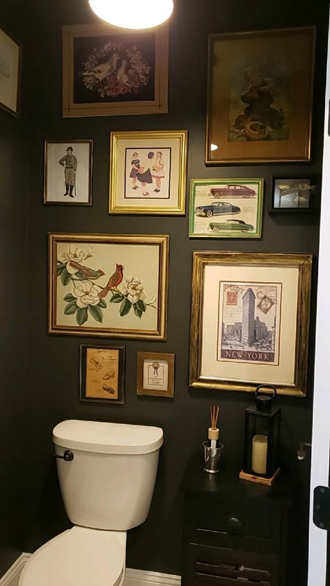 Powder Room Photo Wall, Dark Toilets Interior Design, Dark Eclectic Home Bathroom, Vintage Bathroom Artwork Wall Art, Toilet Gallery Wall, Gallery Wall In Small Bathroom, Downstairs Toilet Gallery Wall, Bathroom Academia, Maximalist Bathroom Decor Vintage