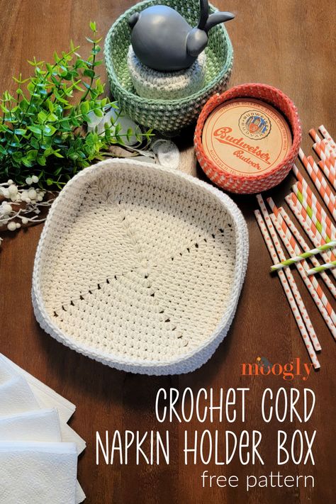 The Crochet Cord Napkin Holder Box is great for organizing your home - and office! Made to match the Crochet Cord Nesting Bowls, this box is sized for the dining table but ideal for any space. With your favorite colors of cotton yarn and a coordinating roll of Bernat Macramé, you can make your own cord box with this free crochet pattern on Moogly! It's part of the Cozy at Home Crochet Along on CAL Central! #CALCentralCrochet via @moogly Moogly Crochet, Cord Box, Home Crochet, Crochet Storage Baskets, Cozy At Home, Crochet Box, Crochet Storage, Box Tutorial, Crochet Cord