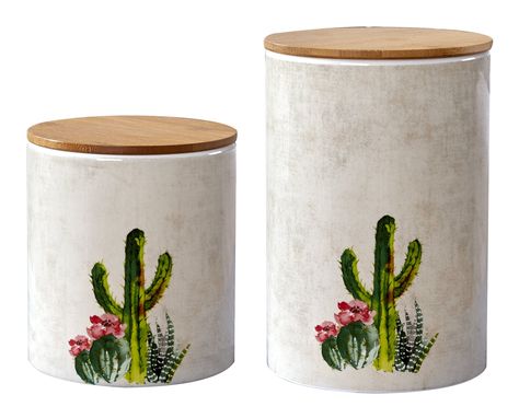 2 Piece - Succulent Design - Canister Set Item Number: CS183601 Add a southwestern flair to your kitchen with these Free Spirit Canisters. Decorated with Aztec and buffalo elements, they bring to life a bohemian kitchen. The sizes and shape works well for anything you might need to keep on hand. Add them to your kitchen counters to bring the room together with a homey touch. With shades of cool cream, grey, and brown, and hints of icy blue, it's a whole new take on southwestern design. Comes as Cactus Kitchen Decor, Southwestern Kitchen, Cactus Kitchen, Western Kitchen Decor, Succulent Images, Succulent Design, Western Kitchen, Ceramic Canisters, Bohemian Kitchen