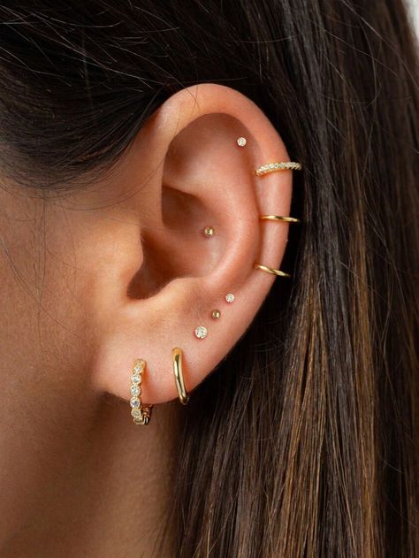 Gold  Collar     Embellished   Women Fashion Jewelry 3 Helix Ear Piercings, 3 Ring Ear Piercing, Low Cartilage Piercing Hoop, Woman Ear Piercing, Ear Piercing Ideas Helix Simple, Delicate Ear Piercings Classy, Simple Cartilage Piercing, Beautiful Ear Piercings, Delicate Piercings Ear