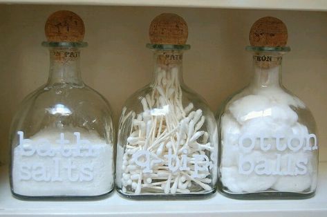 17 Outstanding Ways To Reuse Glass Bottles | Homesthetics - Inspiring ideas for your home. Reuse Glass Bottles, Patron Bottle Crafts, Shabby Chic Bathroom Accessories, Empty Liquor Bottles, Alcohol Bottle Crafts, Patron Bottle, Liquor Bottle Crafts, Patron Tequila, Chic Bathroom