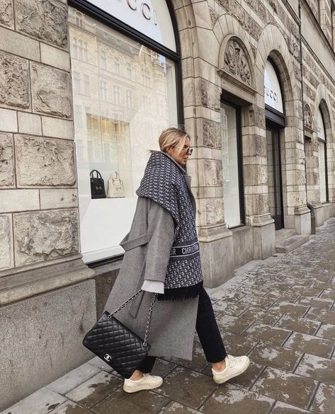 Untitled Lux Outfits, Scarf Outfit Winter, Dior Outfit, Dior Scarf, Cozy Inspiration, Cold Fashion, Grey Aesthetic, Gray Coat, Classy Winter Outfits