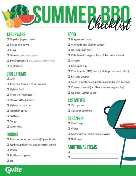 Summer BBQ shopping list. There's no better time to barbecue than the summer! Download our free summer BBQ checklist to plan a party to remember. Just print one out before you start shopping, then check off items as you go. Bbq Garden Party Ideas, Lake Bbq Ideas, Pool Party Planning Checklist, Party Items Checklist, Bbq Essentials List, Summer Birthday Food Ideas Backyard Parties, Birthday Barbecue Party, Bbq Ideas Grill Barbecue Backyard, Host Bbq Backyard Parties