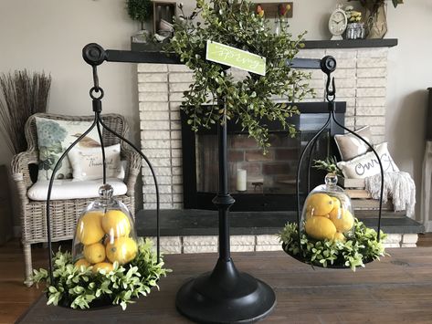 Decor steals balance scale, farmhouse scale. Lemon decor and mini glass cloche. Decorating With Scales Kitchen, Farmhouse Scale Decor, Farmhouse Scales Decor, Balance Scale Decor, Vintage Scale Decor, Farmhouse Scale, Balancing Scale, Justice Scales, Scale Decor