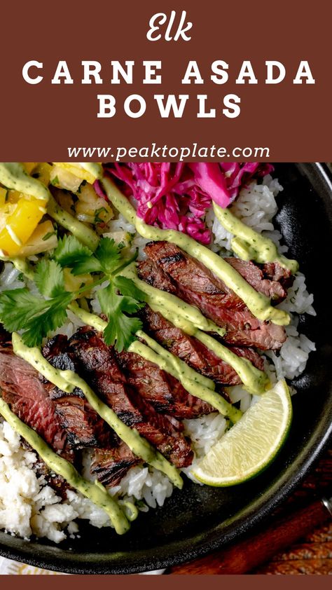 Elk Carne Asada Burrito Bowls Caribou Recipes Meat, Elk Shoulder Roast, Elk Tacos Ground, Healthy Elk Meat Recipes, Elk Shoulder Recipes, Venison Carne Asada, Cooking Elk Meat, Elk Chops Recipes, Elk Burger Recipes