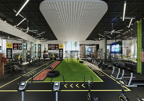 Gym 3d Design, Gym Interiors Modern, Modern Gym Aesthetic, Modern Fitness Gym Interior Design, Personal Training Gym Design, Gym Concept Design, Crossfit Design Interior, Personal Gym Design, Commercial Gym Interior Design Ideas