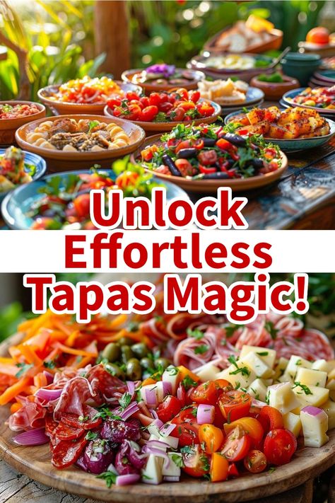 Colorful variety of tapas dishes displayed on a wooden table, perfect for an appetizer party. Tapas Serving Ideas, Simple Tapas Ideas, Easy Tapas Ideas, Tapas Ideas Party, Tapas Party Ideas, Tapas At Home, Tapas Dinner Party, Easy Tapas Recipes, Party Tapas