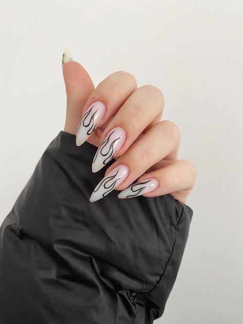 Flame Tip Nails Almond, Fire Nails Designs Almond, Almond Nails Designs Flame, Edgy Nails Almond Shape, Almond Fire Nails, Flame Nails Acrylic Almond, Acrylic Nails Fire Design, Almond Nails With Flames, Simple Flame Nails