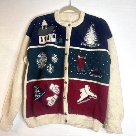 Vintage Church Winter Ice Skating Button Front Knit Cardigan Sweater excellent pre owned condition sledding, Christmas tree, snowflakes, mailbox, heavyweight, snowflake buttons, mittens Ugly Christmas Sweater, holiday, apres ski, party, Santa Clause, festive >> size n/a aprrox xl (check measurements) >> bust 46" >> length 24" >> sleeve 20" All measurements are approximate. Please check the measurements, vintage and pre owned items vary in size. I identify all known flaws, please note the picture 90s Christmas Outfit, Vintage Christmas Outfits, Christmas Church Outfit, Winter Ice Skating, Snowflake Buttons, Phoebe Buffay Outfits, Ski Party, Apres Ski Party, Holiday Sweaters