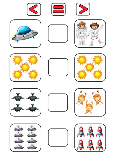 A mathematical game for children from 3 years old, which suggests comparing numbers of space objects within 10. The task develops logical and mathematical thinking, teaches using the concepts «greater than», «less than», «equals» correctly, to distinguish the corresponding signs «more, less, equal » and to count. To start the game, you should print the task in PDF format, count the number of objects on the right and left sides of the line, then, having determined where the greater number of obje Comparing Numbers Kindergarten, Comparing Numbers Worksheet, Mathematical Thinking, Space Objects, Kindergarten Math Worksheets Addition, Maternelle Grande Section, Preschool Math Games, Mathematics Activities, Math Kindergarten