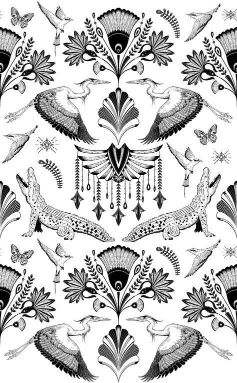 Art deco pattern with a magical atmosphere. This artwork was inspired by the long Nile river with herons, Nile crocodiles and ornaments inspired by the Egyptian culture. Heron Tattoo, Crocodile Tattoo, Egyptian Ornamented, River Tattoo, Art Deco Tattoo, Egyptian Pattern, Nile Crocodile, Gelli Printing Art, Egyptian Tattoo