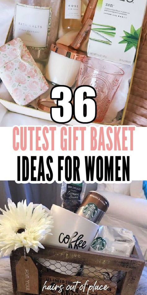 These 36 gifts baskets make the CUTEST gift basket ideas for women! Are you looking for an, clever and thoughtful gift idea for mom, a friend, or a girlfriend? These are the best gift basket ideas for her and perfect for several different occasions. Friend Gift Basket Ideas Birthday, Fall Gift Basket For Girlfriend, Making Gift Baskets Ideas, Best Gift Baskets For Women, Gift Basket Ideas For Boss Lady, Best Gift Baskets For Auction, Walmart Gift Basket Ideas, Beauty Bags Gift Ideas, Gift Basket For Pastor And Wife