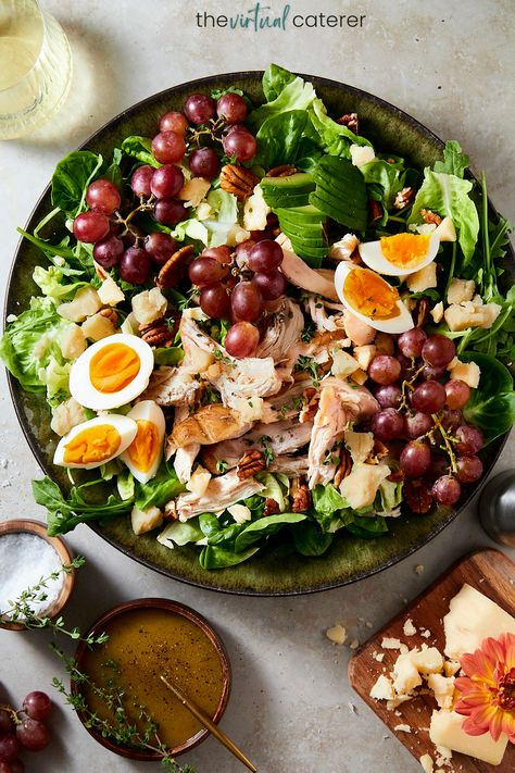 This Harvest chicken salad with grapes is inspired by the early flavors of Fall.  Smoked chicken (or rotisserie chicken) is mixed with grapes, sharp cheddar cheese, toasted pecans, and greens.  Finally, it's finished with a Dijon maple vinaigrette.  Perfect for a girls lunch or brunch this Fall! Dijon Chicken Salad, Harvest Chicken Salad, Salad In A Bowl, Harvest Chicken, Maple Dijon Chicken, Smoked Chicken Salad, Salad With Grapes, Maple Vinaigrette, Chicken Salad With Grapes