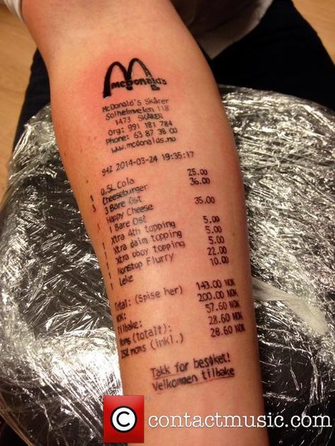 Tattoo, Stian Ytterdahl Receipt Tattoo, Worlds Worst Tattoos, At Home Tattoo Removal, Teen Tattoos, Tato Nama, Natural Tattoo Removal, Food Tattoos, Number Tattoos, Tattoo Zeichnungen