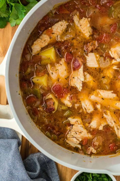 Close up of a large pot of catfish stew, featuring chunks of catfish, diced tomatoes, bacon pieces, potatoes, and a rich, seasoned broth Mac Recipes, Catfish Stew, Grilled Catfish, Grandbaby Cakes, Catfish Recipes, Canned Potatoes, Southern United States, Favorite Soups, Louisiana Recipes