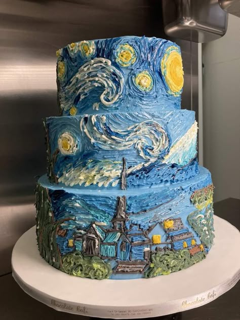 Gogh Cake, Topsy Turvy Cake, Starry Night Wedding, Wedding Cake Tops, Tiered Cake, The Starry Night, Painted Cakes, Pretty Birthday Cakes, Wedding Cake Designs