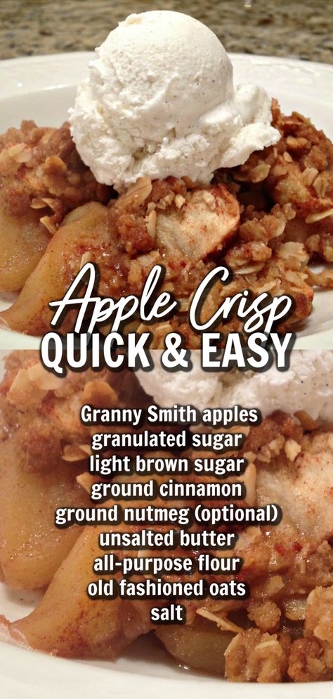 This image shows Apple Crisp served in a bowl with a scoop of vanilla ice cream on top. There is text over the image with a list of the ingredients needed to make the apple crisp. Apple Crisp With Real Apples, Apple Crisp With 3 Apples, Best Apples To Use For Apple Crisp, Apple Crisps Oven, Easy Apple Crisp With Fresh Apples, Old Fashioned Easy Apple Crisp, Instapot Apple Crisp, Apple Cobbler With Oatmeal Topping, Crisp For Apple Crisp