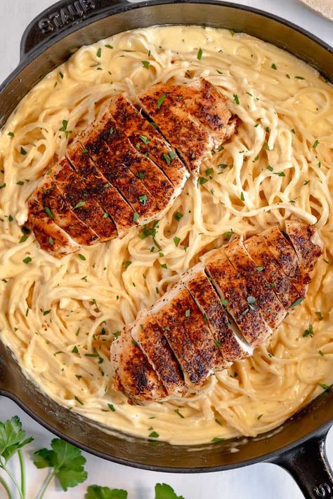 Blackened Chicken Alfredo Pasta - Girl With The Iron Cast Chicken Alfredo Pasta With Jar Sauce, Blackened Chicken Alfredo Pasta, Grilled Chicken Alfredo Pasta, Blackened Chicken Pasta, Creamy Alfredo Pasta, Blackened Chicken Alfredo, Grilled Chicken Alfredo, Chicken Alfredo Sauce, Pasta With Alfredo Sauce