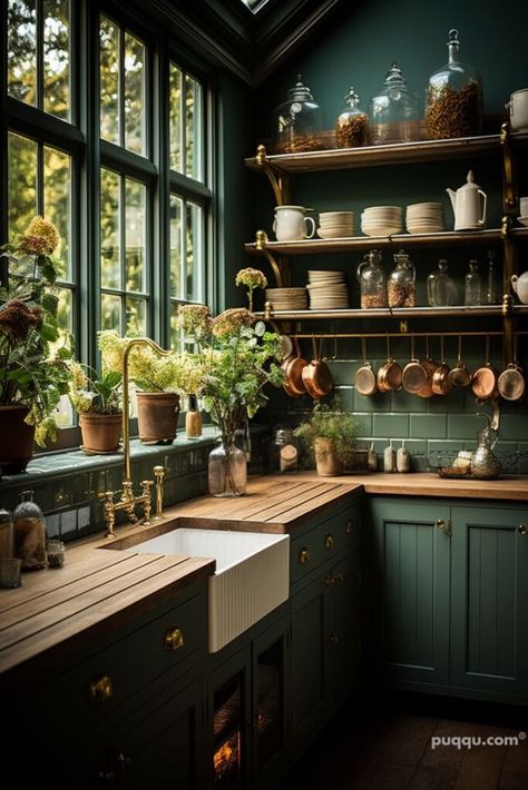 green-kitchen-paint-ideas- Modern Dark Academia Kitchen, Moody Farmhouse Kitchen, Dark Academia Kitchen Aesthetic, Green Kitchen Paint, Dark Academia Kitchen, Moody Farmhouse, Cottage Core Kitchen, 40 Aesthetic, Vermont House