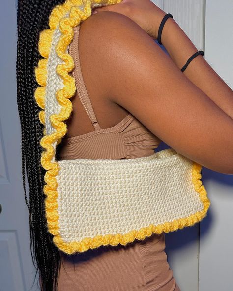 Introducing our new ✨Crochet Croquette Ruffle Shoulder Bag✨ Now available in my Etsy Shop!!🤗 - - - - #handmade #amigurumi #crocheting #crochetersofinstagram #crochetaddict #crochet #crochetshop #crochetaddict #crochetlove #crochethats Crochet Coquette, Ruffle Bag, Ruffles Bag, Yellow Yarn, Crochet Shop, Crochet Clothing And Accessories, Baby Yellow, Crochet Art, Crochet Clothes