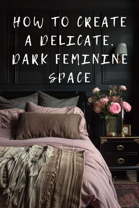 Ready to unveil the elegance of dark feminine decor in your bedroom? Explore how to mix deep colors with feminine touches for a sophisticated retreat. Click for inspirational decor ideas! 🛏️💜 #SophisticatedStyle #FeminineChic #BedroomRetreat #DarkDecor #ElegantBedroom Dark Luxurious Bedrooms, Moody Blush Bedroom, Greenhouse Bedroom Aesthetic, Feminine Energy Bedroom, Paint Colors For Boho Bedroom, Dark Feminine Decor Aesthetic, Queen Bedroom Aesthetic, Lilac And Black Bedroom, Dark Gray And Pink Bedroom