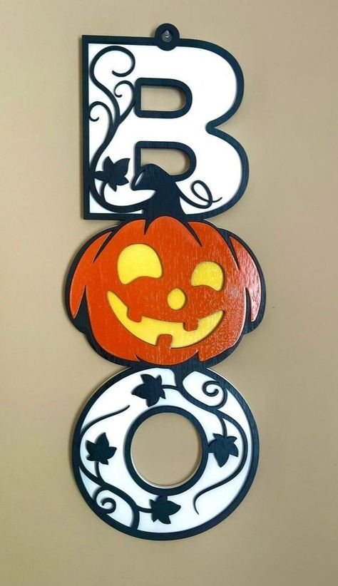 Diy Wood Halloween, Wood Halloween Signs, Thanksgiving Candy Crafts, Boo Door Hanger, Boo Door, Thanksgiving Wood Crafts, Wooden Halloween Signs, Fun Diy Halloween Decorations, Happy Halloween Sign