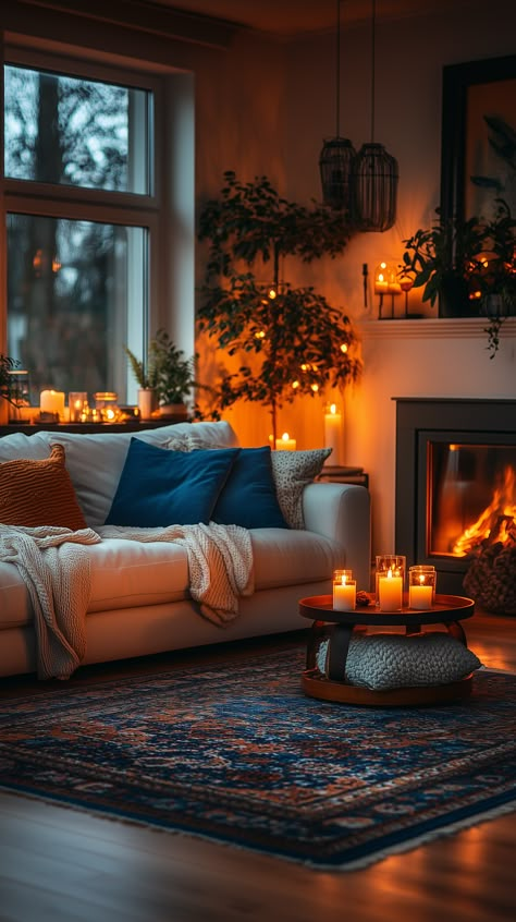 Experience the cozy living room with brightly lit candles during evening with cozy sofa, fireplace, plush pillows and blanket on sofa with nice rug on floor
#cozylivingroomideas #livingroominspiration #homedecorideas #livingroomideas #candles #throwpillows Retro Cozy Living Room, Cozy Living Rooms Blue, Fireplace Bungalow, Warm Cozy Living Room Aesthetic, Cozy Sofa Aesthetic, Evening Living Room, Home Lounge Ideas, Dark Hardwood Floors Living Room, Candles Living Room