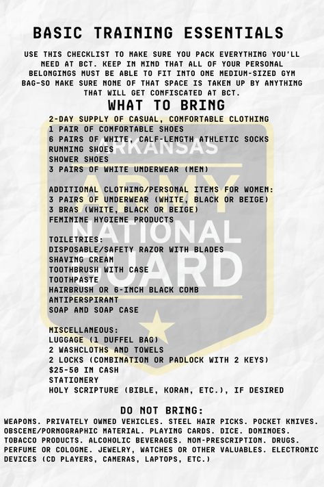 Use this list to prepare as you pack for Basic Training. Be sure to talk with your Recruiter to get an updated list of any additional items you may need to bring. How To Get Ready For Army Basic Training, What To Pack For Basic Training Army, Army Basic Training Packing List, Air Force Training, Army Tips, National Guard Basic Training, Us Army Basic Training, Push Up Program, Navy Basic Training