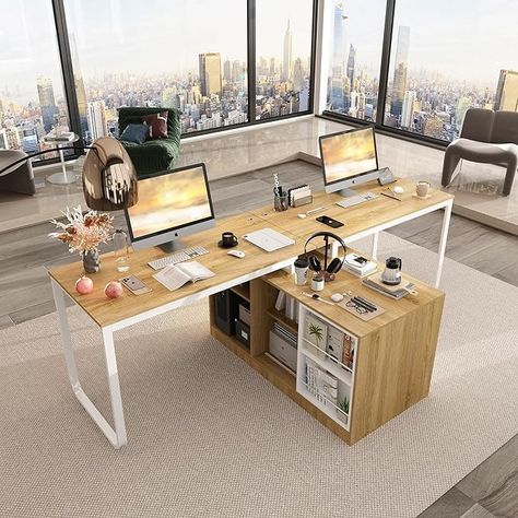 Amazon.com: Homsee Home Office Computer Desk T-Shaped Corner Desks with File Cabinet for 2 Persons, 94.5" Large Wooden Study Writing Table with 2 Desktops, Wire Organizer Holes, 6 Shelves & 2 Magazine Holders : Home & Kitchen T Shaped Office Desk, Open Office Layout, Desk For Two, Dual Occupancy, L Shaped Corner Desk, File Cabinet Desk, Collaborative Workspace, Home Office Computer Desk, Home Office Furniture Desk