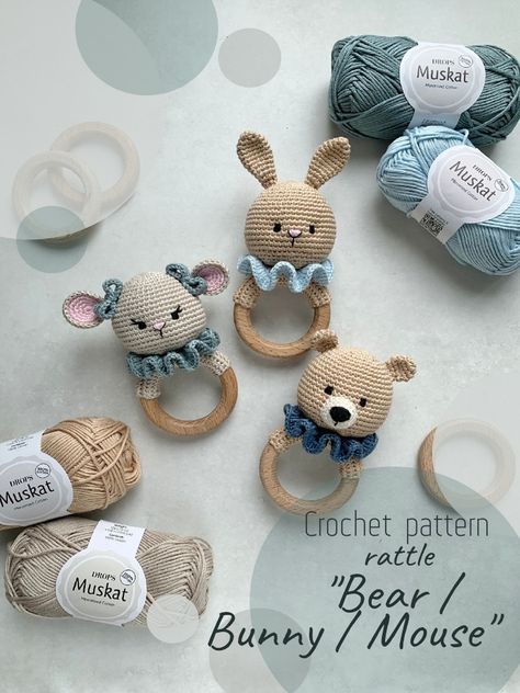 Small Baby Shower Gifts, Crochet Rattle Pattern, Crochet Pattern Bunny, Pattern Crochet Blanket, Crochet Rattle, Bear Crochet Pattern, Lion Toys, Bear Crochet, Teddy Bear Toys