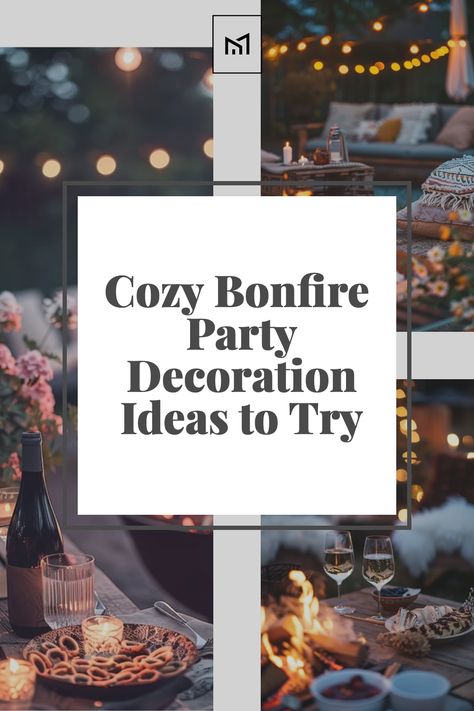 Create an inviting atmosphere for your bonfire party with cozy decorations that enhance the warmth of the flames. Set up blankets, cushions, and rustic wooden benches around the fire pit for comfortable seating. Hang string lights and lanterns from nearby trees, and scatter flameless candles on tables for a magical glow. Add touches of autumn foliage and seasonal flowers to complete the cozy ambiance. Bonfire Decorations Party Ideas, Indoor Bonfire Party Ideas, Bonfire Decor Ideas, Graduation Bonfire Party Ideas, Teenage Bonfire Party Ideas, Bon Fire Party Ideas For Adults, Winter Campfire Party, Bonfire Themed Birthday Party, Comfy Cozy Party Theme