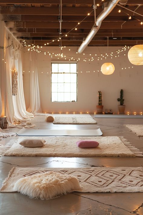 18 Boho Yoga Studio Designs – TastyInteriors Garage Into Dance Studio, Sound Meditation Room, Yoga Room Design Ideas, Yoga Studio Ceiling Ideas, Rustic Yoga Studio, Attic Meditation Room, Yoga Studio Garage, Luxury Yoga Studio Interior Design, Yoga Garage Studio