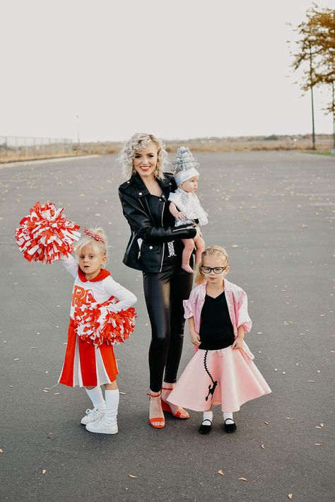 Sandy Grease Family Halloween Costumes | JAMIEERICKSEN Grease Halloween Costumes Kids, 50s Family Halloween Costume, Greece Family Costume, Grease Halloween Costumes Family, Mommy And Me Matching Halloween Costumes, Grease Family Halloween Costumes, Group Family Halloween Costumes, Sandy Greece Costume, Barbie Family Halloween Costumes