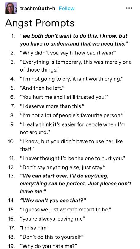 L'angst è proprio materiale succulento, niente da dire... 😳 Writing Plots Prompts, Inspiration For Writing A Book, Story Beginning And Ending Lines, Things To Write A Story About, Plot Writing Prompts, Wattpad Writing Prompts, Story Layout Writing, Fic Writing Prompts, First Encounter Prompts