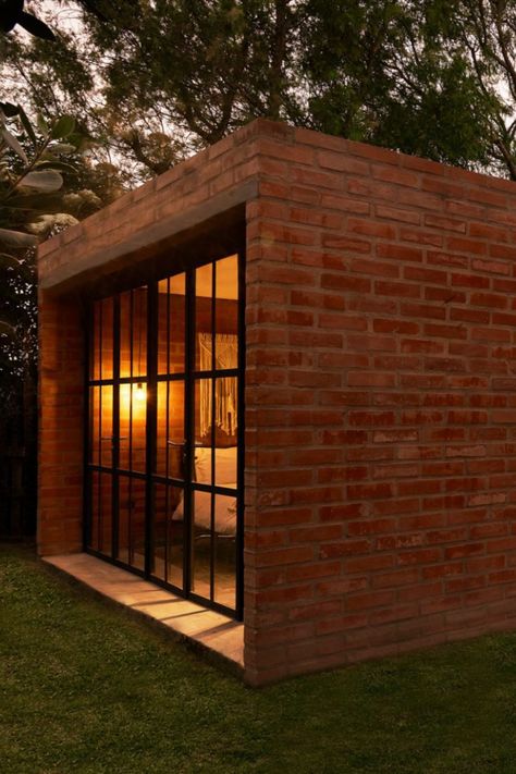 The tiny house was designed as a weekend getaway. Small Brick Building, Brutalist Tiny House, Self Built House, Brick Tiny House, Tiny Brick House, Modern Casita, Concrete Tiny House, Small Concrete House, Small Airbnb