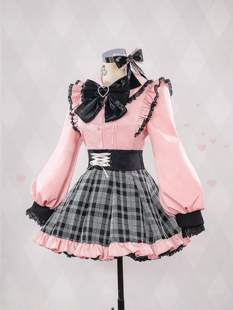 This price includes a shirt, a skirt, a bow tie, a pair of stockings, a pair of bowknot hairclips, a pair of ear clips and rings.  Step into the world of kawaii fashion with this adorable Hoshino Ai Jirai Kei cosplay outfit! This charming pink shirt and gray skirt ensemble captures the essence of Lolita-style clothing, perfect for cosplay events, tea parties, or simply adding a touch of whimsy to your everyday look. Embrace your inner Lolita with this delightful costume set inspired by OSHI NO KO's distinctive aesthetic.  Shirt   	 		 			Size 			S 			M 			L 			XL 		 		 			Full Length 			54 			55.5 			57 			58.5 		 		 			Bust 			84 			88 			92 			96 		 		 			Sleeve Length 			61 			62 			63 			64 		 		 			Shoulders 			34 			36 			38 			40 		 	     Skirt   	 		 			Size 			S 			M 			L 			XL Anime Costumes Drawing, Pink Star Outfit, Cult Party Kei Fashion, Pink Futuristic Outfit, Jirai Kei Sweater, Cute Core Clothing, Jirai Kei Skirt, Clown Fashion Aesthetic, Menhara Fashion