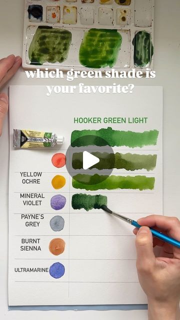 Aleksandryna Watercolor Artist on Instagram: "When I first bought this hooker green color I didn’t like it at all. For me it looks too artificial, I can’t paint botanicals and grass with it. I was disappointed until I discovered color mixes with this shade 😊
In today #colormixthursday I decided to share with you different shades of green you can get from a one green color and others that you have in palette. 
💚
Let me know which shade of these color mixes is your favorite 
.
.
.
.
.
#watercolor#art#painting#drawing#dailypainting#artist#watercolour#watercolorblog#illustration#aquarella#sketch#акварель#watercolorlesson#watercolorforbeginners
#watercolortutorial#colormix#colorpalette#colorinspiration#colorchart#colorcircle" How To Make Shades Of Green, Green Watercolor Painting, Mixing Greens Acrylic, Mixing Greens In Oil Paint, Watercolor Color Mixing Red, How To Mix Green Watercolor, Grass Painting, Watercolor Supplies, Watercolor Mixing