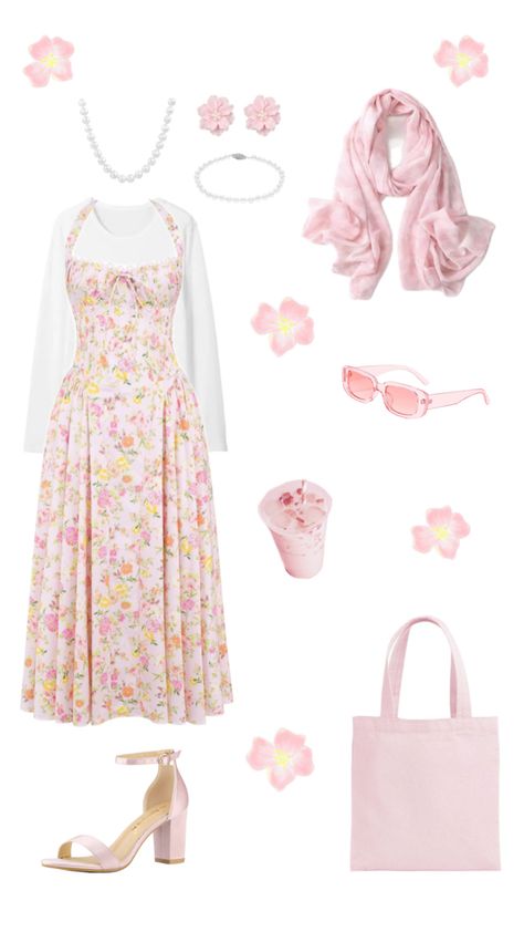 pink, yellow, and white floral dress with pink accents Pink Flowery Dress, Flowery Dress, Hijabi Outfit, Flowery Dresses, Pink Accessories, Pink Floral Dress, Pink Floral, Floral Dress, Floral