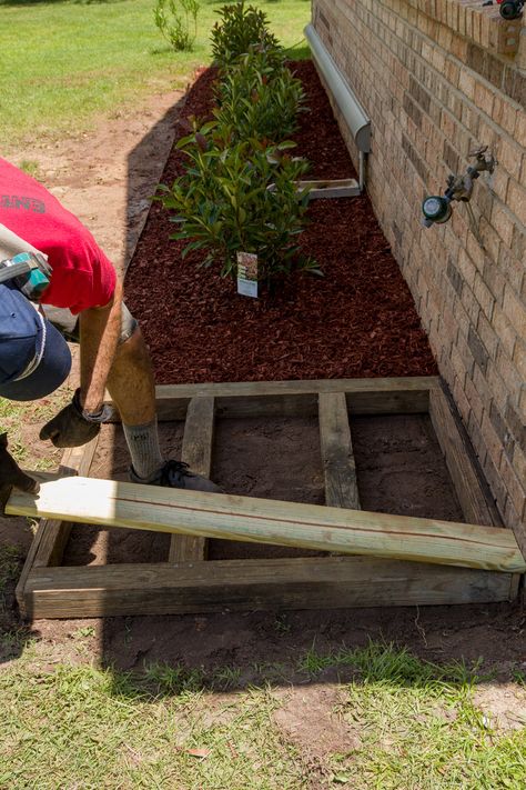 Adding the deck boards to the platform Garden Hose Holder Diy, Deck Platform, Building Deck, Deck Step, Platform Deck, Window Boxes Diy, Garden Hose Holder, Deck Steps, Deck Building