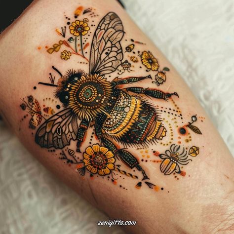 Sunflower And Honey Bee Tattoo, Bumblebee Hand Tattoo, Compass Leg Tattoo Woman, Honeybee Tattoo Design, Large Bee Tattoo, Bee Floral Tattoo, Bee Sunflower Tattoo, Flower Vine Tattoos For Women, Forest Tattoo Sleeve Design