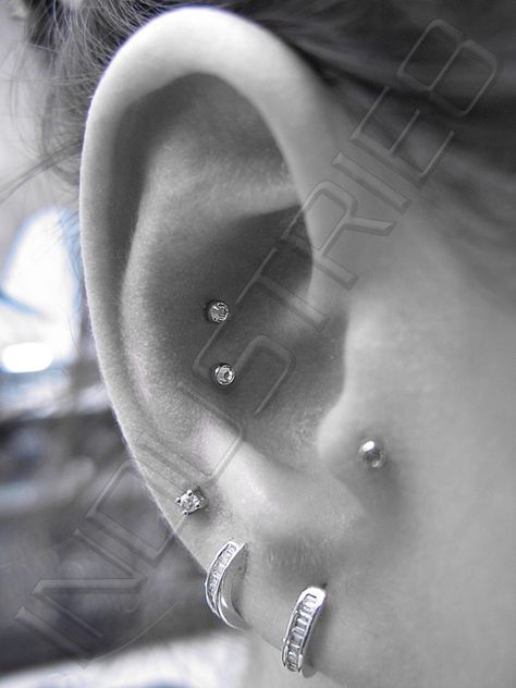 Double conch piercing. I need this in my life ASAP. I have the itch to get another piercing.. Double Helix, Double Conch Piercing, Double Forward Helix Piercing, Double Conch, Different Piercings, Double Helix Piercing, Forward Helix Piercing, Cool Piercings, Cute Piercings