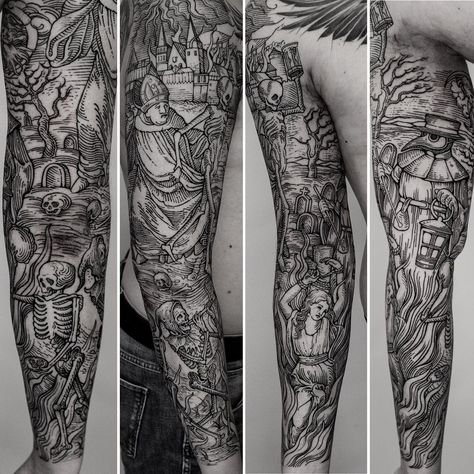 Woodcut Sleeve Tattoo, Gothic Cathedral Tattoo Sleeve, Etched Tattoo Style, Engraving Tattoo Sleeve, Unique Sleeve Tattoos Men, Male Half Sleeve Tattoo Ideas, Futuristic Tattoo Design, Cryptid Tattoo Sleeve, Medieval Sleeve Tattoo