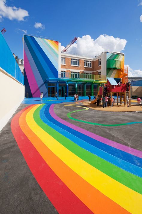 Painted Playground, Cool Playgrounds, Parisian Architecture, Kindergarten Design, School Playground, Colourful Buildings, School Yard, Nursery School, School Building