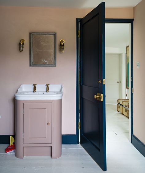 FAB Pink Ground No.202 in Modern Emulsion; Setting Plaster No.23 & Hague Blue No.30 in Estate Eggshell; Strong White No.2001 in Modern Eggshell Small Bathroom Paint Colors, Small Bathroom Paint, Marble Effect Wallpaper, Colour Crush, Warm Bathroom, Sophie Robinson, Pink Bathroom Decor, Green Dresser, Bad Inspiration