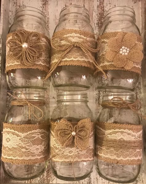 Boho Bridal Shower Decorations, Mason Jar Wedding Decor, Burlap Centerpieces, Lace Mason Jars, Wedding Jars, Wedding Centerpieces Mason Jars, Burlap Mason Jars, Vintage Bridal Shower, Burlap And Lace