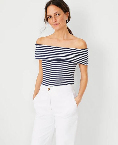 Striped Off The Shoulder Top | Ann Taylor Striped Off Shoulder Top, Summer Knitwear, Off Shoulder T Shirt, Turtleneck Outfit, Short Sleeve Shirts, Off The Shoulder Top, Off Shoulder Tops, Casual Tops, Ann Taylor