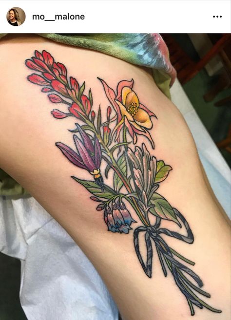 #colorado #flowertattoo #coloradowildflowers #bouquet Colored Bouquet Tattoo, Wyoming Wildflowers Tattoo, California Wildflowers Tattoo, Colorado Wildflowers Tattoo, Nature Sleeve, Wildflowers Tattoo, Colorado Tattoo, 2023 Tattoo, Shoulder Sleeve Tattoos