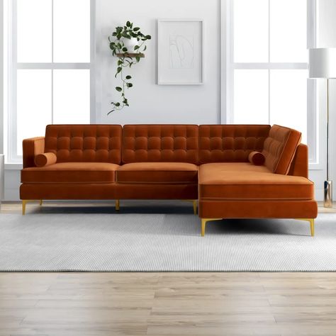 Velvet Jade Chaise Sofa | Wayfair Orange Sectional, Mid Century Sectional Sofa, Mid Century Sectional, Burnt Orange Velvet, Mod Furniture, Velvet Sectional, Living Room Corner, Modern Sofa Sectional, Urban Loft